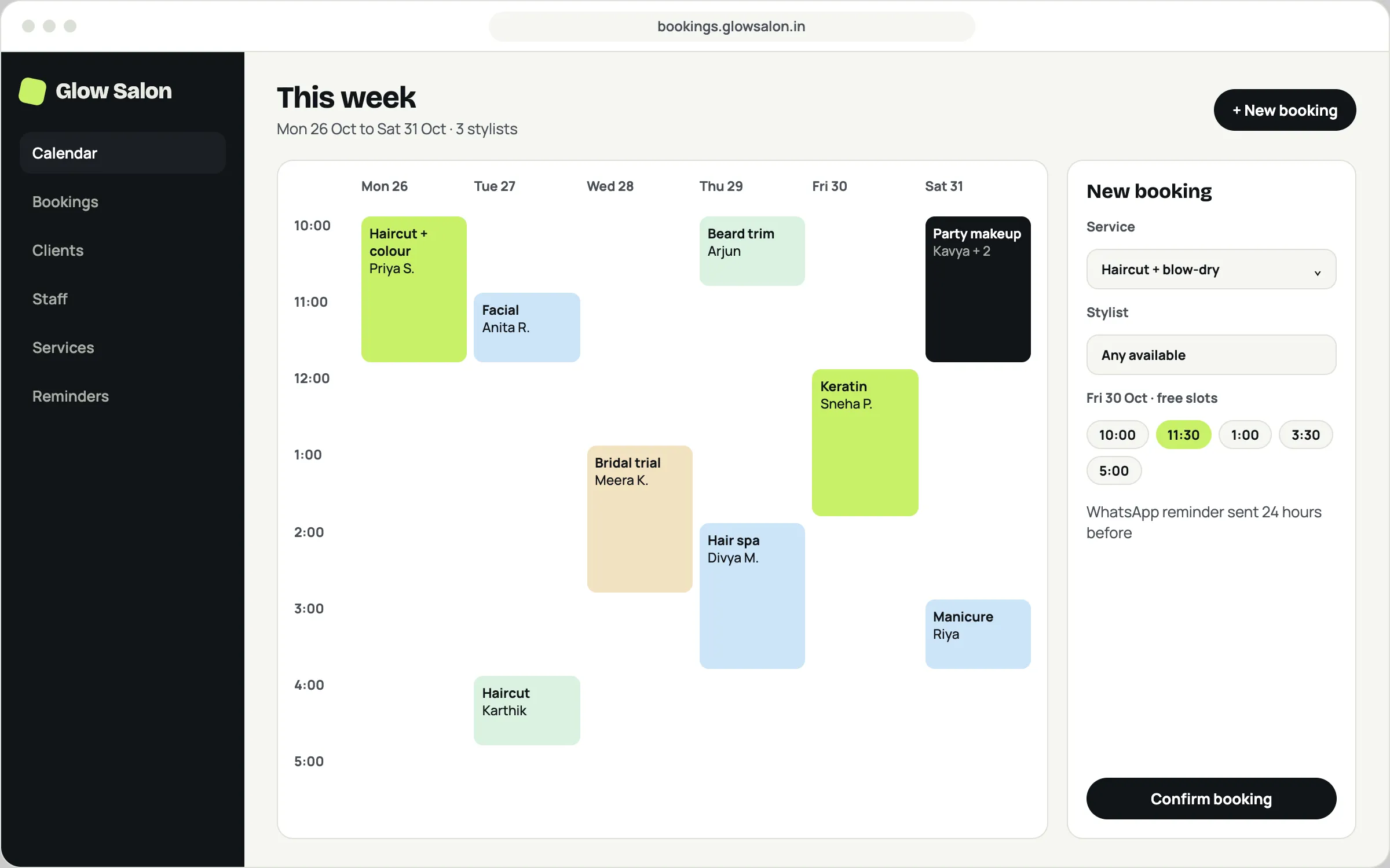 Example booking app for a salon: a weekly calendar of appointments by stylist, with a panel for adding a new booking and choosing a free time slot.