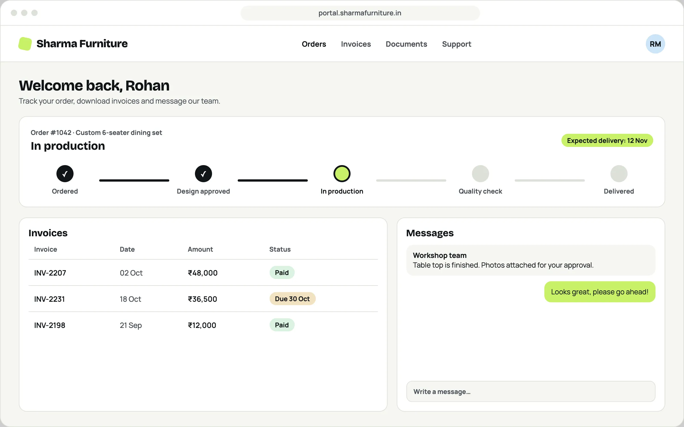 Example customer portal for a furniture maker: an order progress tracker showing the order in production, a list of invoices and a message thread with the workshop.